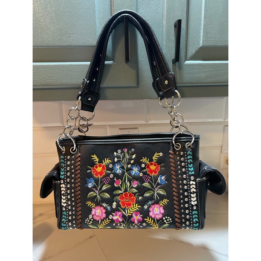 Western Floral Embroidered Black Studded Shoulder Bag Rhinestone Boho Purse